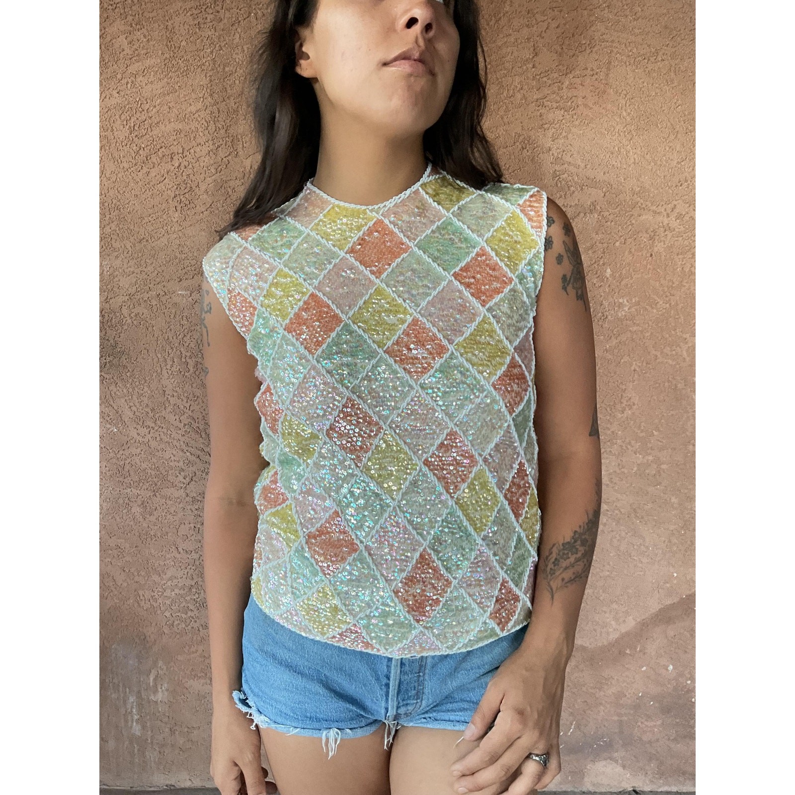 Vintage Multicolor Pastel Sequin Sleeveless Top – Diamond Pattern