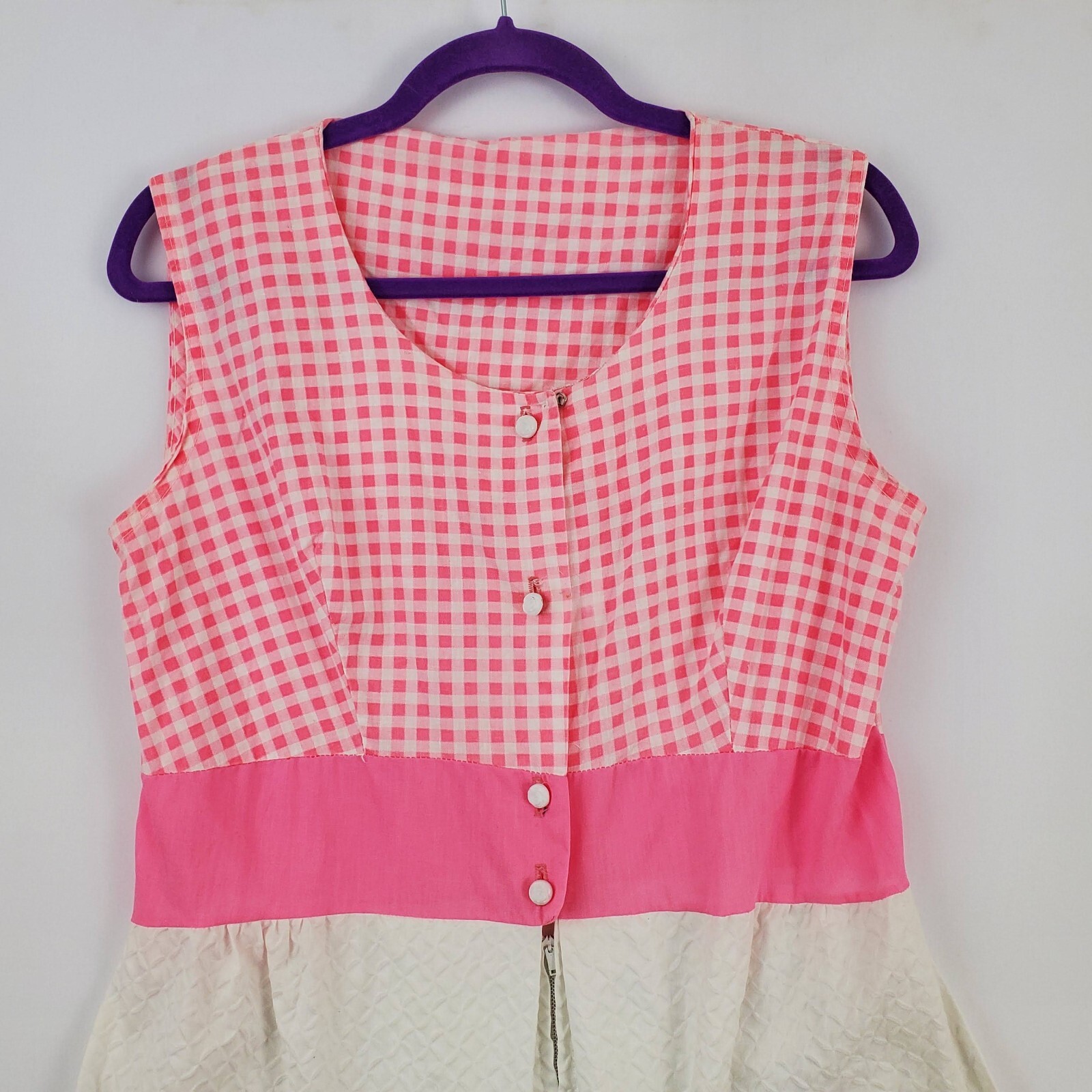 Vtg BarbieCore Pink White Gingham Cottage 60&rsquo;s Mini Tank Dress Embroidered S/M