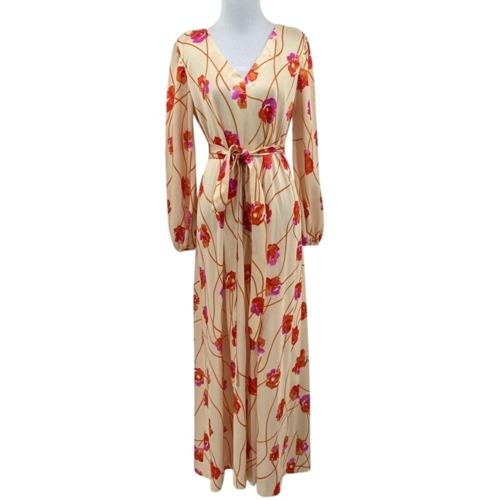 Vintage 60s 70s Floral Maxi Dress Med Lg Long Sleeve Trapeze Watercolor Easter