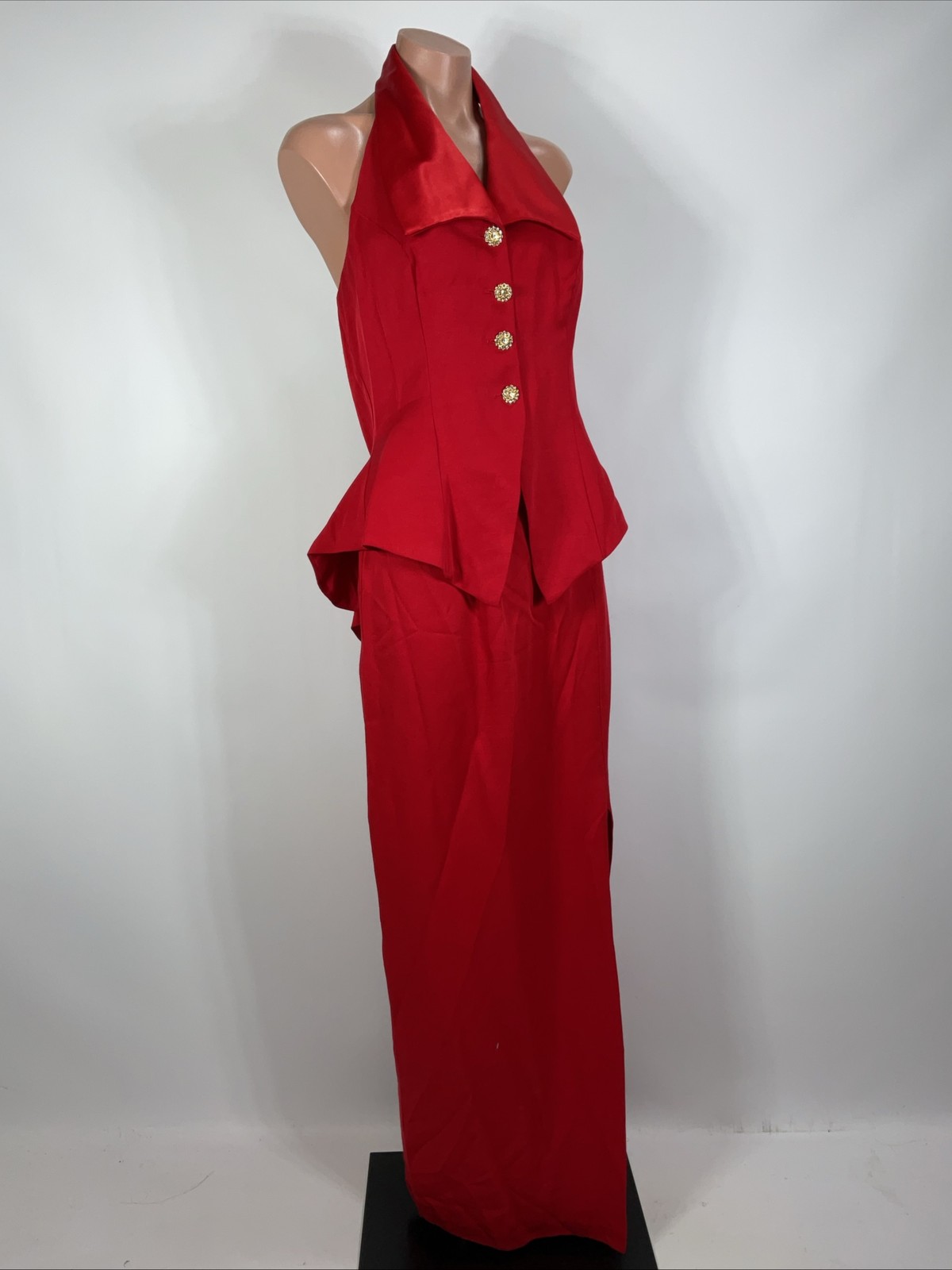 Vintage 80s Red Halter Tuxedo Evening Gown 2pc Set Mother Party Prom Evening 14