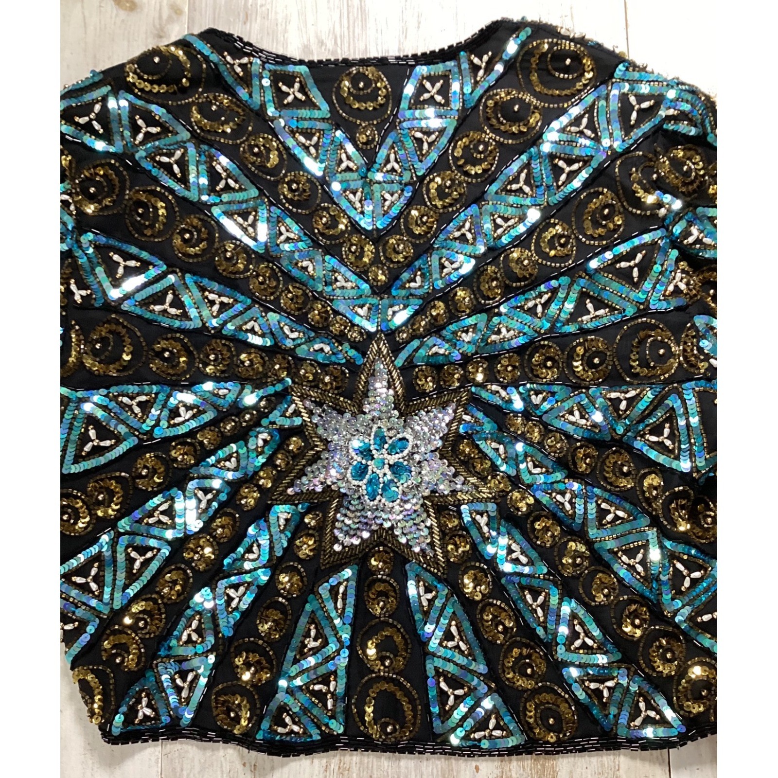 Scala Vintage Beaded Silk Bolero Jacket Gold Turquoise Sequin Starburst Medium