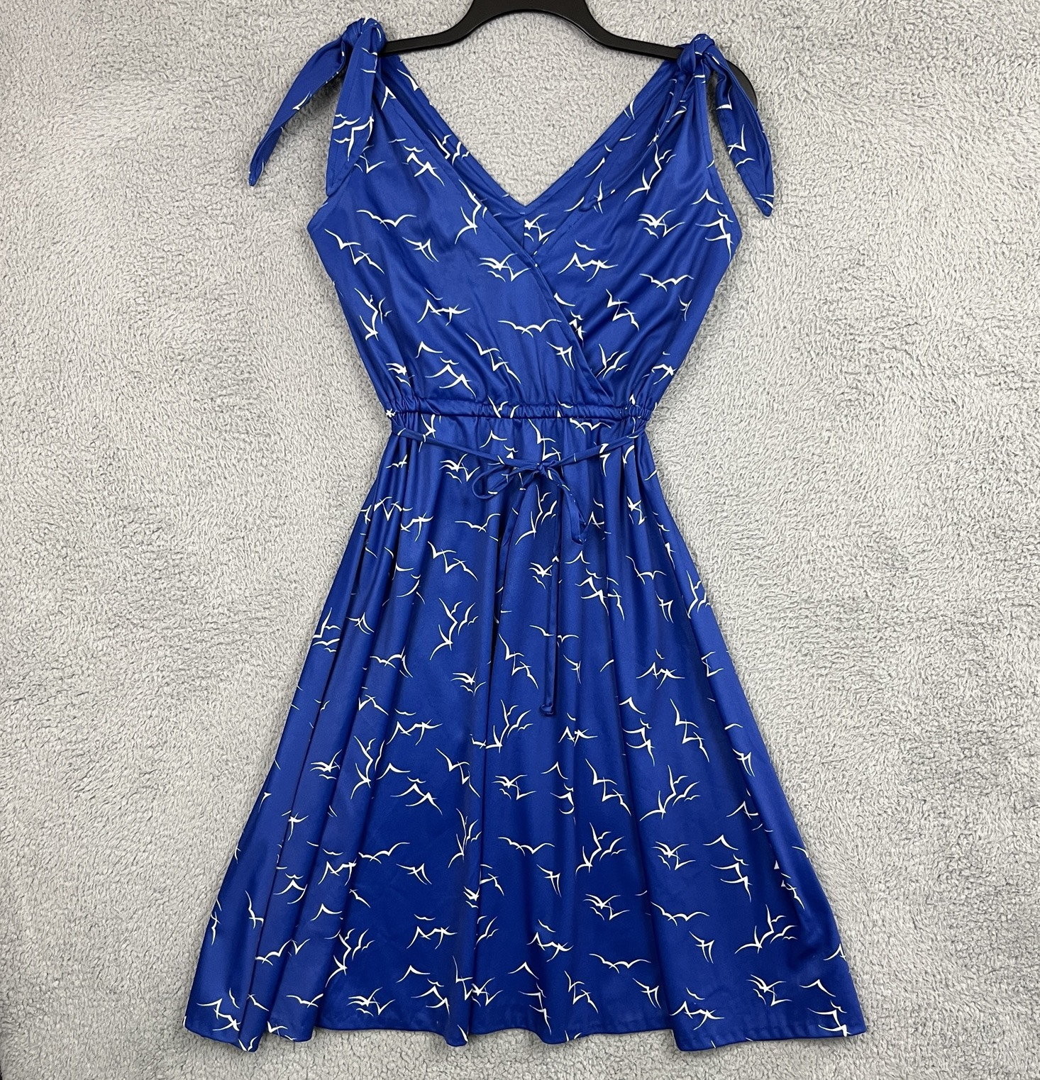Vintage 70s Dress Womens Small Blue Seaside Seagulls All Over Print Tie Shoulder
