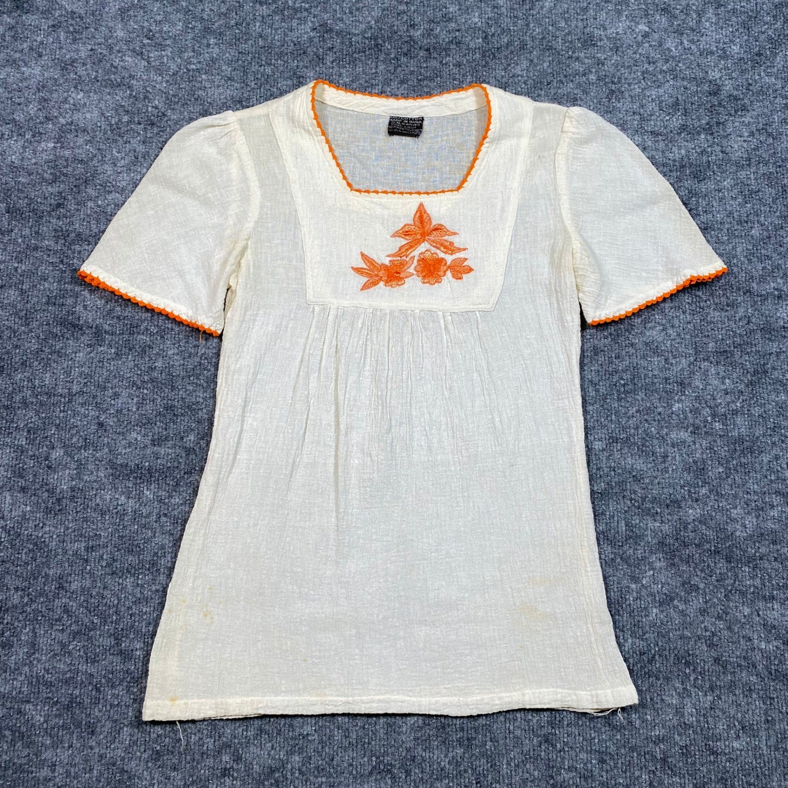 Vintage 70s Gauze Cotton Floral Embroidered Boho Blouse Orange Trim Cream Small