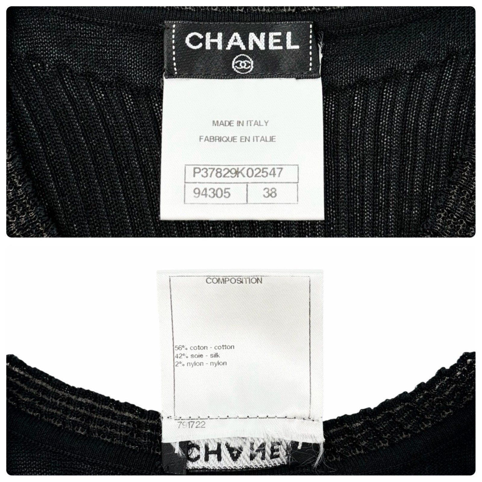 CHANEL Vintage P37829 CC Button Rib Knit Dress One-piece Black #38 Sheer 902018