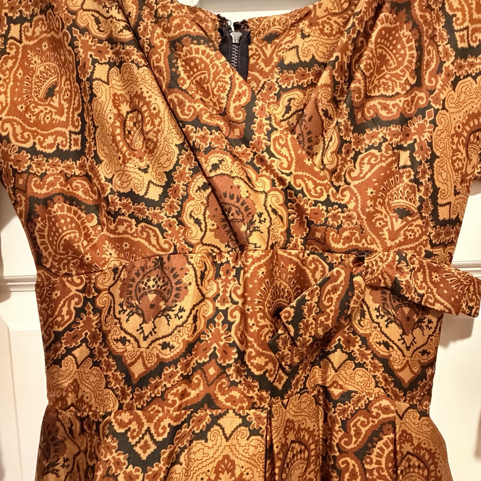 Vintage 50s 60s Fit & Flare Evening Dress Swing Skirt XS Copper Brown Paisley