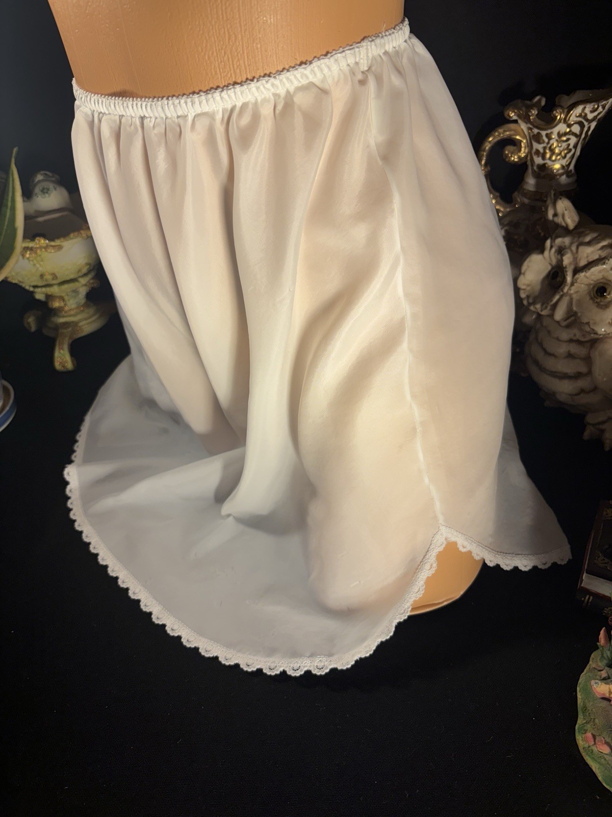 Vtg SATIN THIN TISSUE SHEER MINI SLIP SKIRT Oily Wet thin LINGERIE OFFICE SISSY