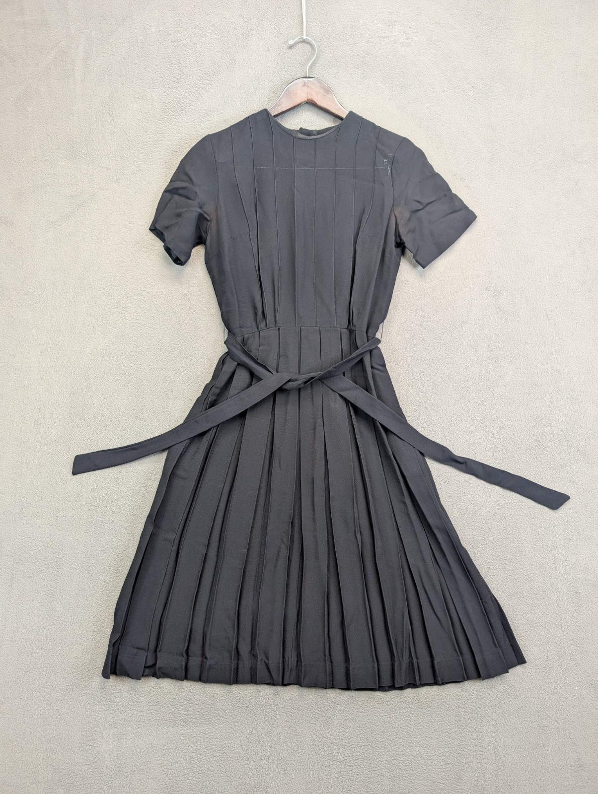 Vintage 60s Classic Black Belted Dress w/ Pleated Skirt Sheer Size 6