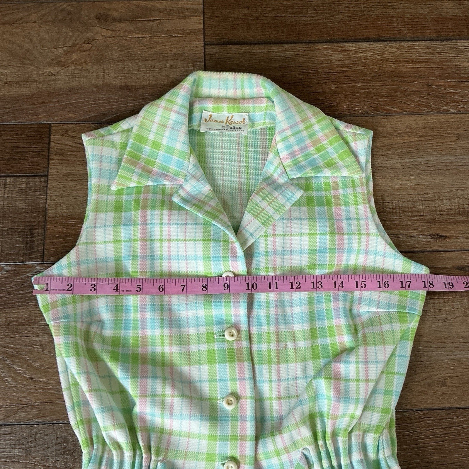 70s VINTAGE James Kenrob Dalton Lime Plaid 3-Pc Top Vest Pants Set Size S #28D8