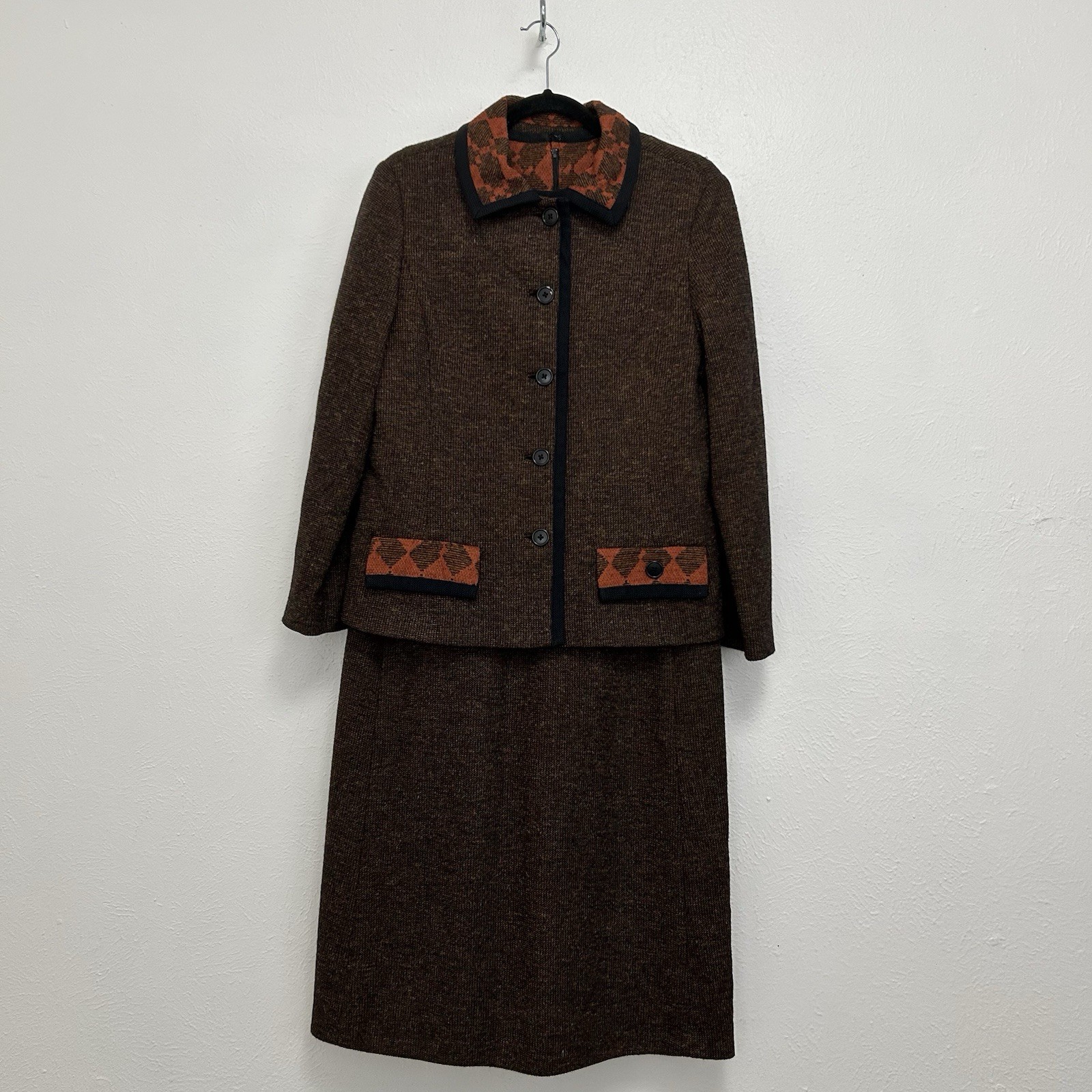 VTG Alper Schwartz M/L Brown Orange Wool Tweed Suit Dress Jacket 2-Pc 1960s/70s