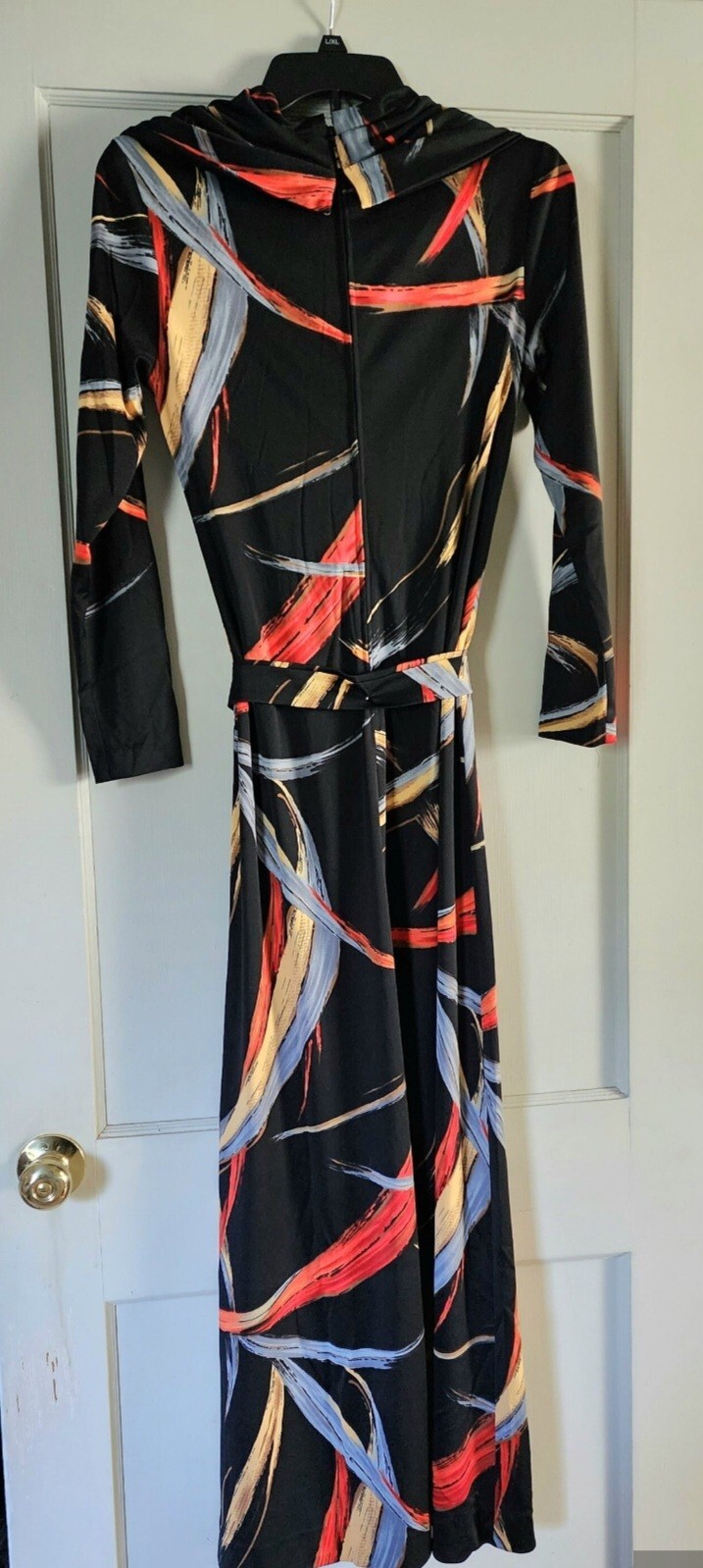 70&rsquo;s Long Dress, Abstract Pattern, Cowl Neck, Black, Red, ILGWU, 38&Prime; Bust