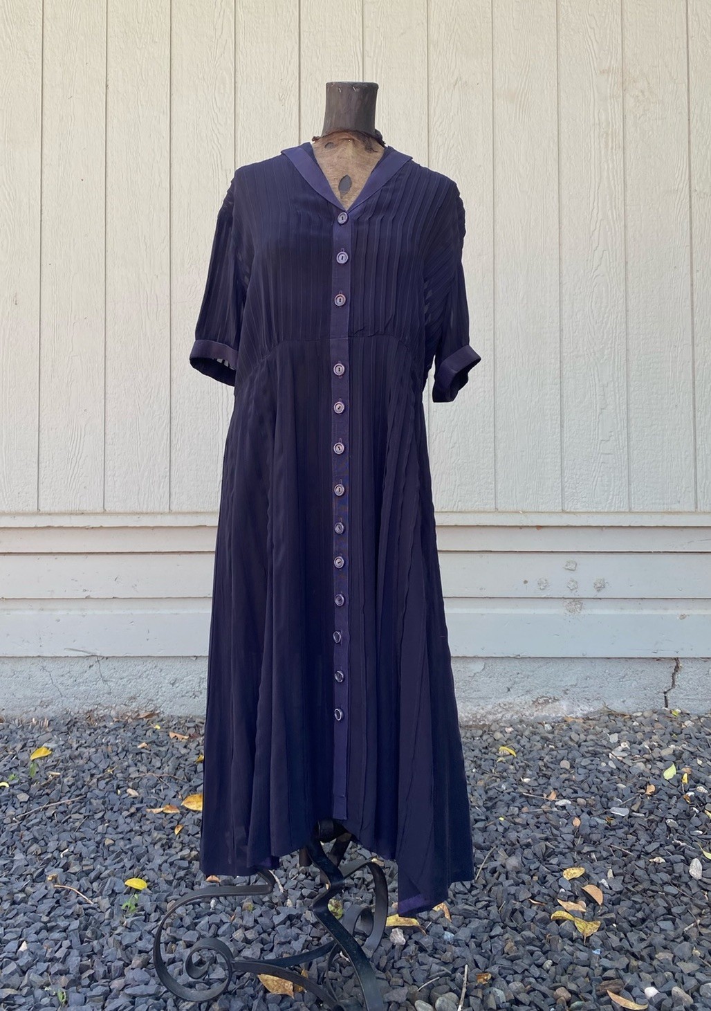 30s/40s Vintage Sheer Overlay Purple Crepe Dress Art Deco Full Button Front 34W