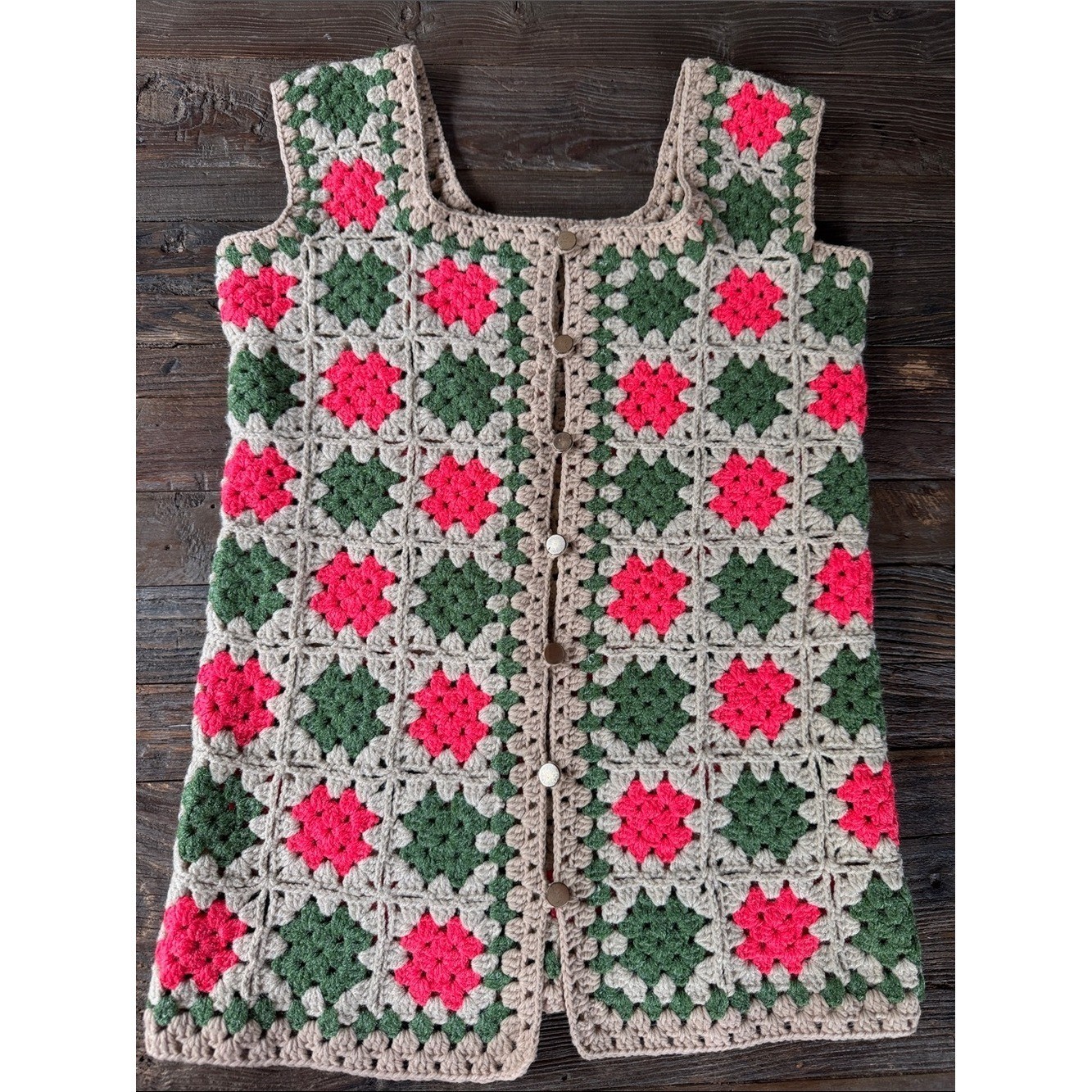 Vintage hand knit boho granny Square, long sweater vest, neon pink and green S/M