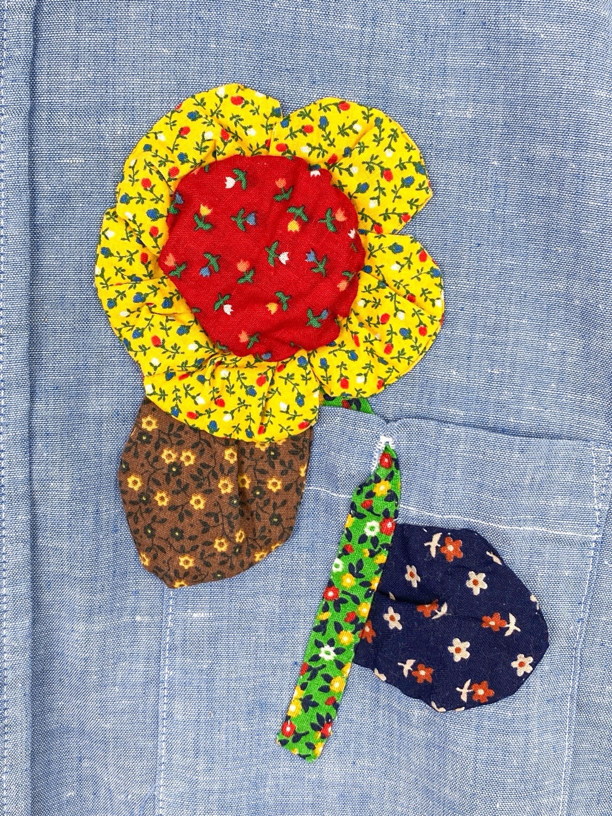 VTG 70s Chambray Patchwork Shirt Calico Flower Strawberry Applique RickRack L