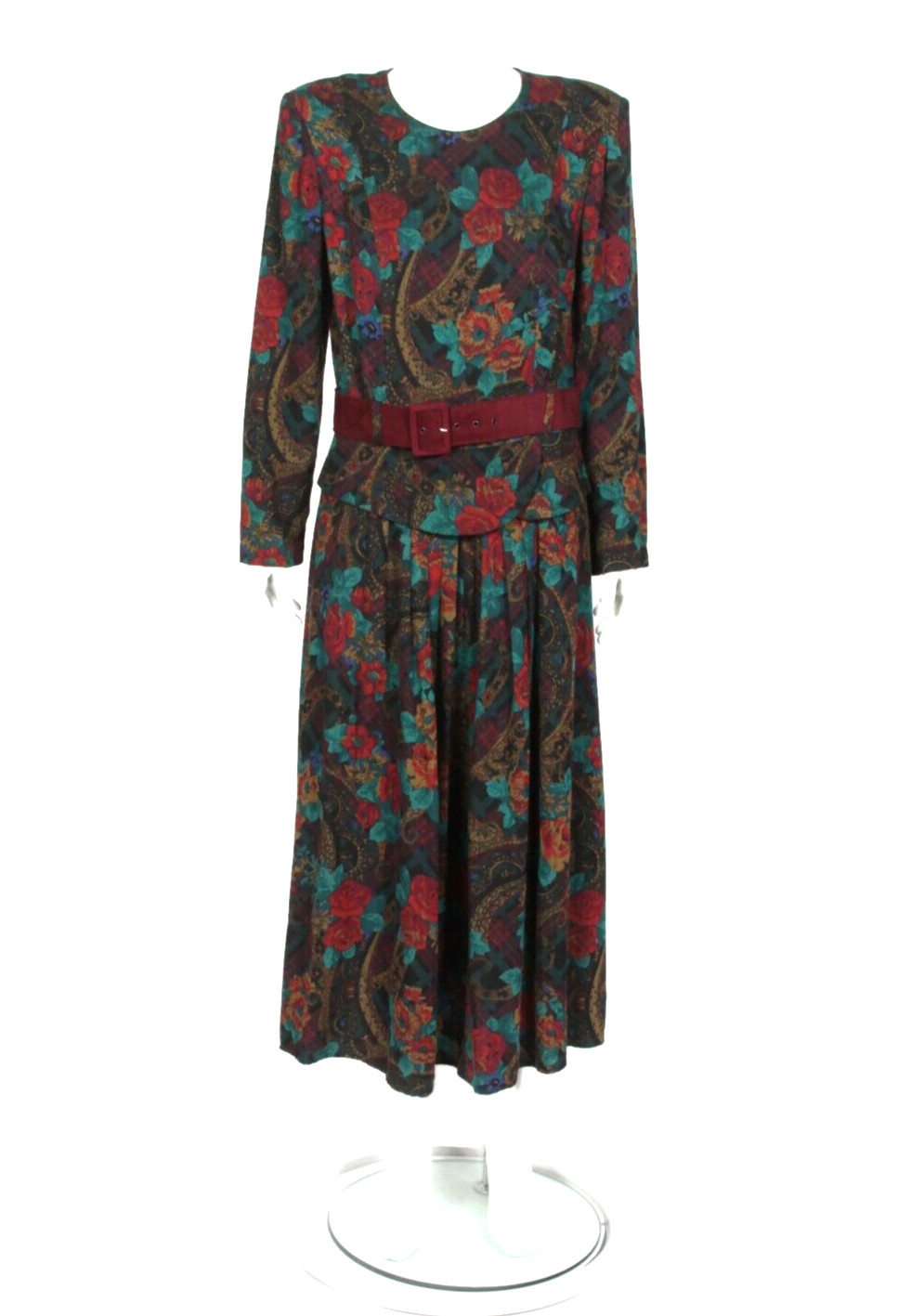 Vintage STUART ALAN Rich Floral Modesty Cottagecore Belted Midi Dress sz 14 /921