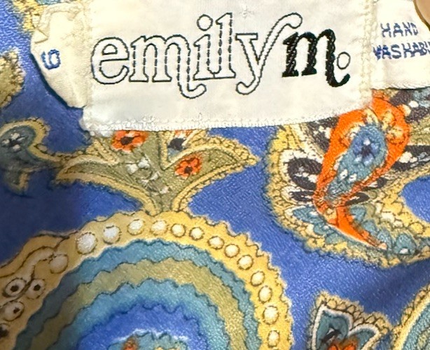 Vintage 70s Button Up Top Long Sleeve Blue Paisley Floral Women 6 Blouse EMILY M