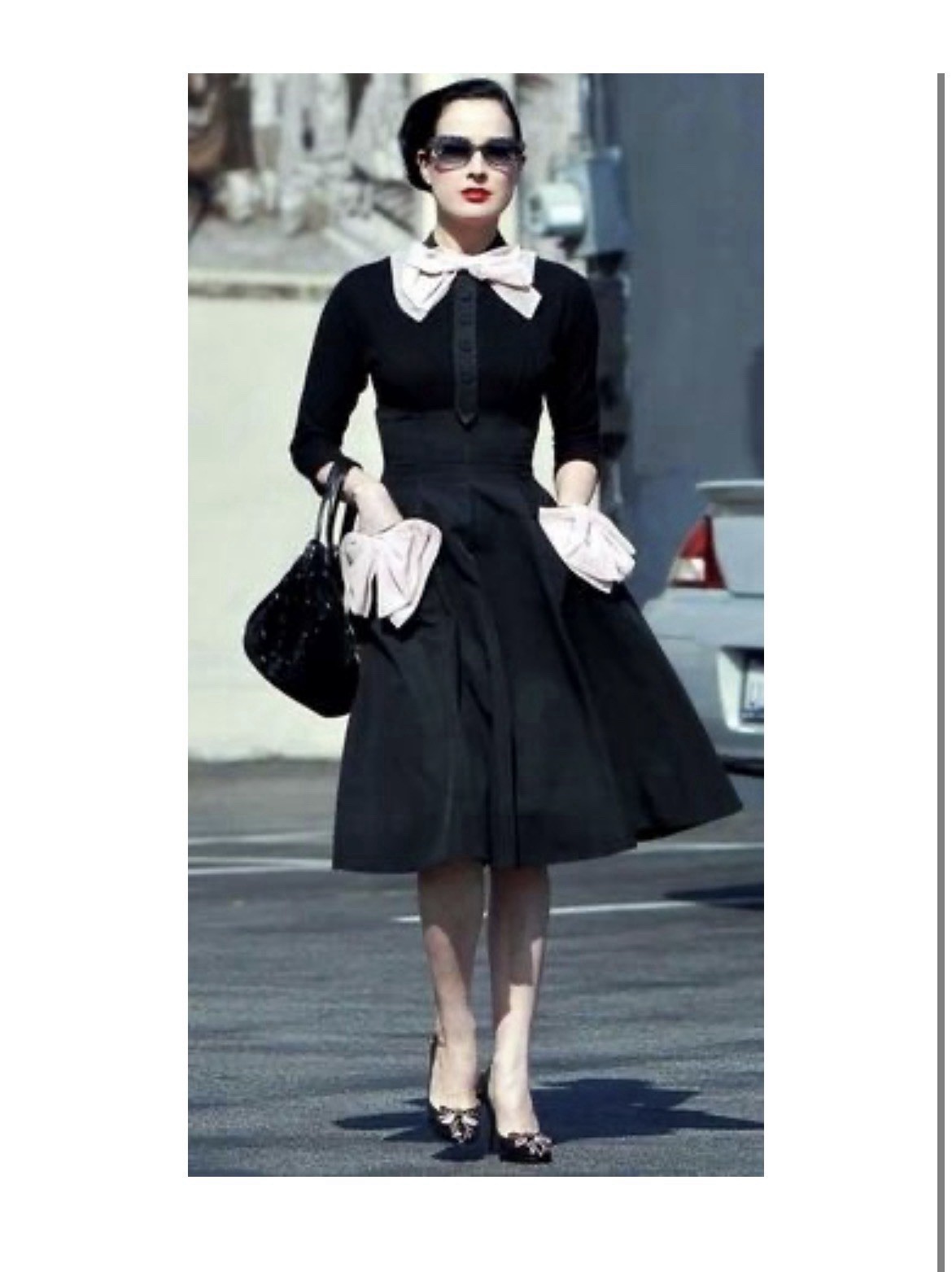 1950’s Vintage Black Solid Fit & Flare Dress Buttons Belt as seen on Dita