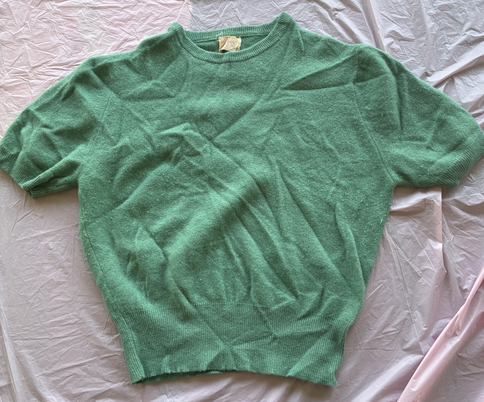 Women&rsquo;s Vintage 50s Green Cashmere Blend Knit Short Sleeve Pullover Sweater Sz S