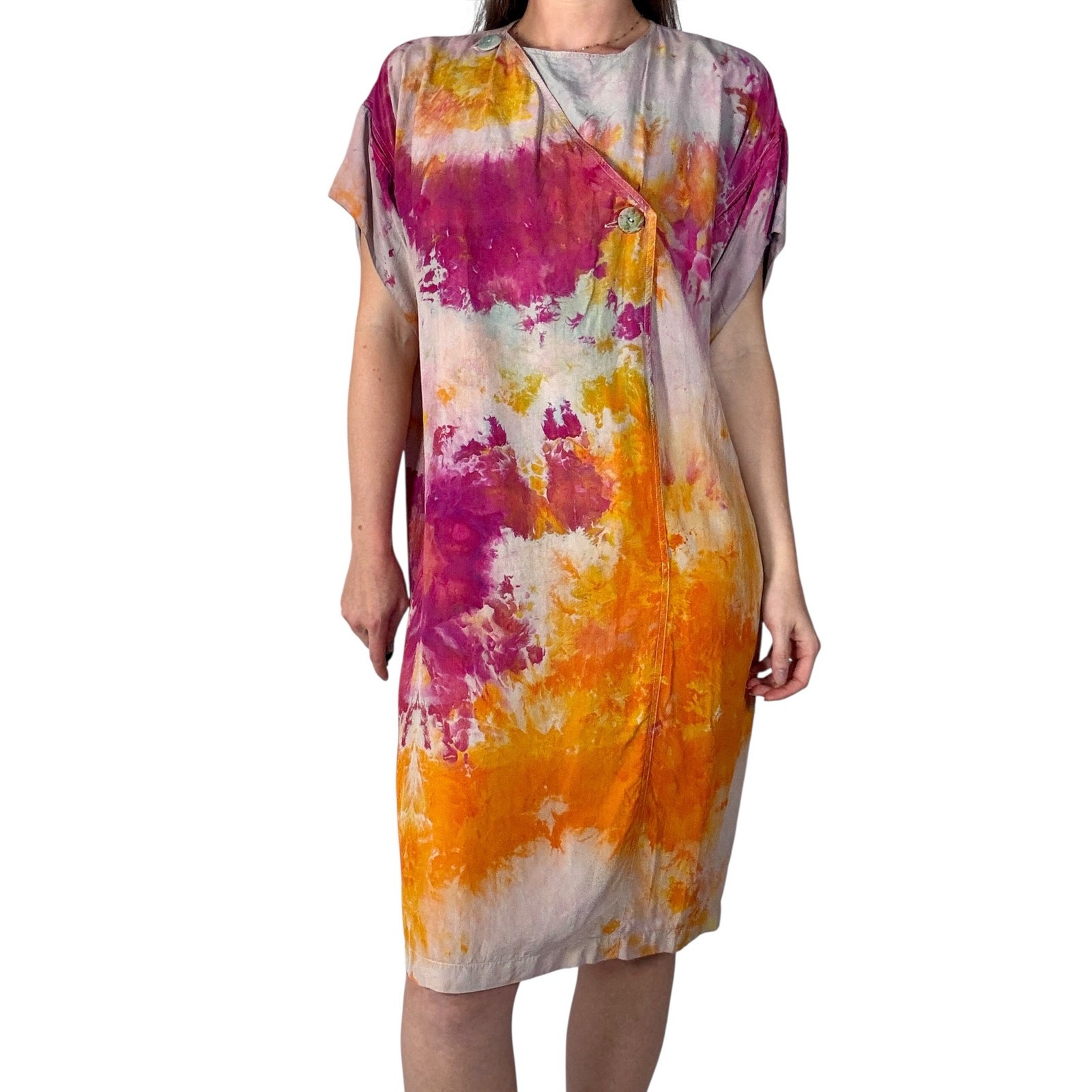 Hand Dyed Vintage 80s Lzinga Silk Shift Dress Orange Magenta Ice Dye Wood Button