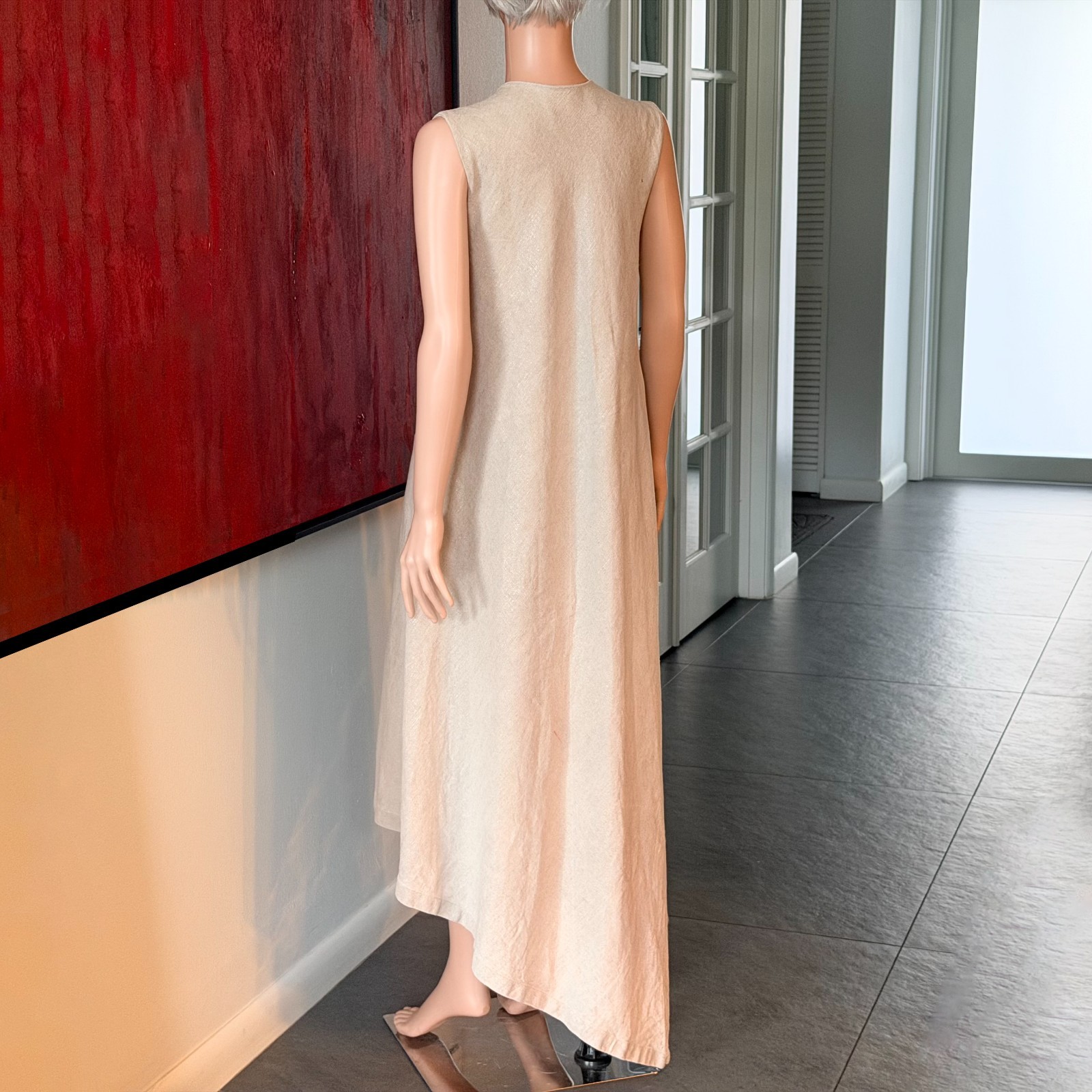 GIANFRANCO FERRE beige asymmetrical flared sleeveless linen dress size 44