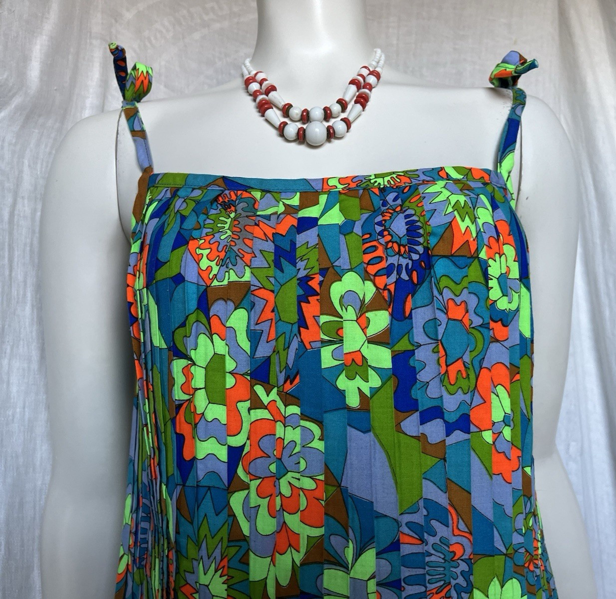 Vintage 60s Mod Go-Go Tank Top Blouse Pleats Retro Floral Summer Beach Resort S