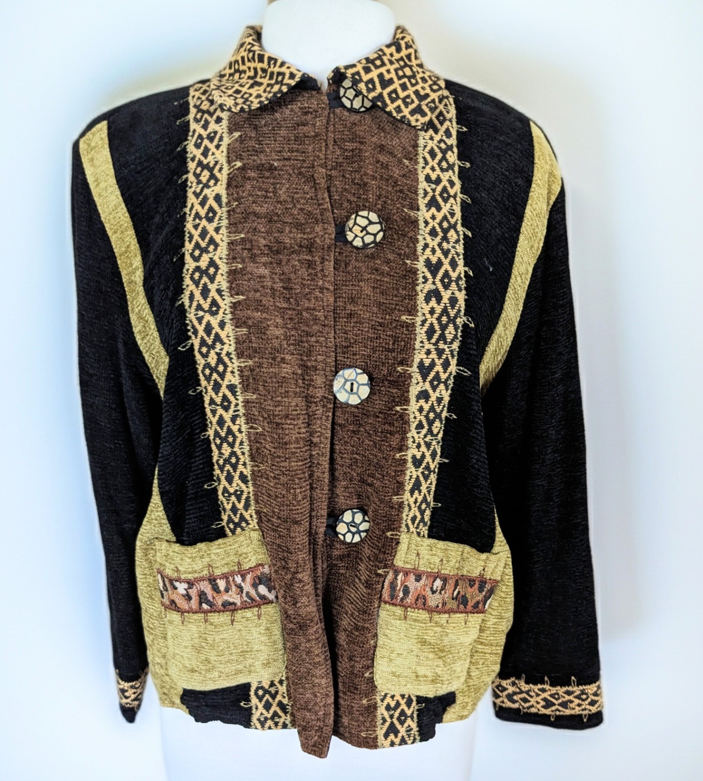 Vintage 90s Allure Art to Wear Patchwork Blazer Jacket Bohemian Artsy Rayon Coat
