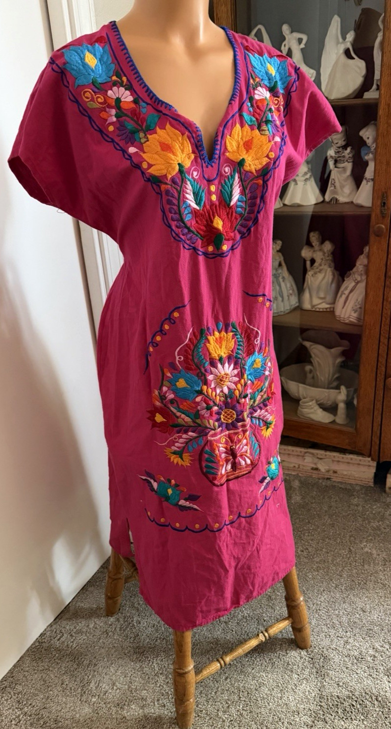 VTG 70s PINK W/ EMBROIDERY & TIE BELT COTTON RETRO MEXICAN FRIDA DRESS S-M