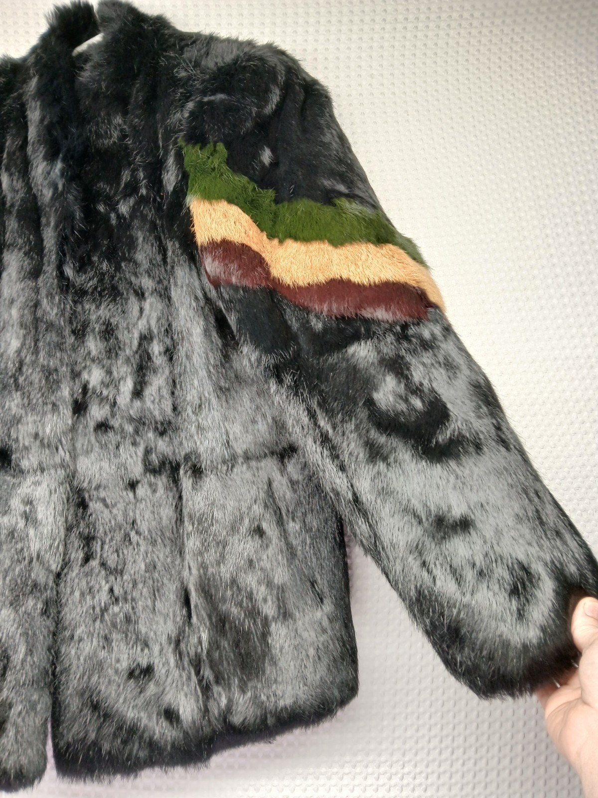 VINTAGE MULTICOLOR GENUINE RABBIT FUR SATIN LINING COAT WOMEN’S L FREE SHIP NICE