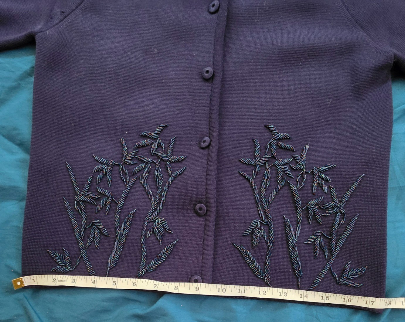 Vintage Robson&rsquo;s Beaded Wool Cardigan Bamboo Sweater Hong Kong Blue Size 12