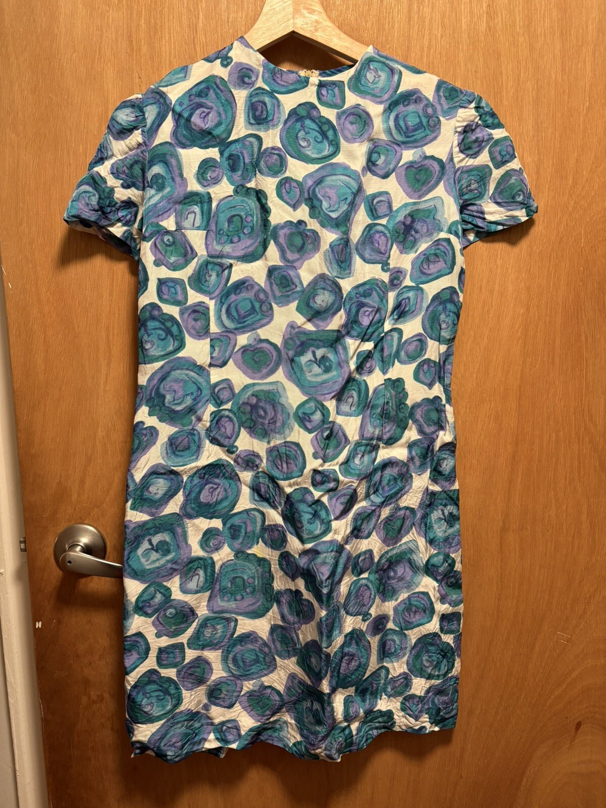 Vintage 80s Abstract Floral Dress Blue And White Size S Tshirt Dress