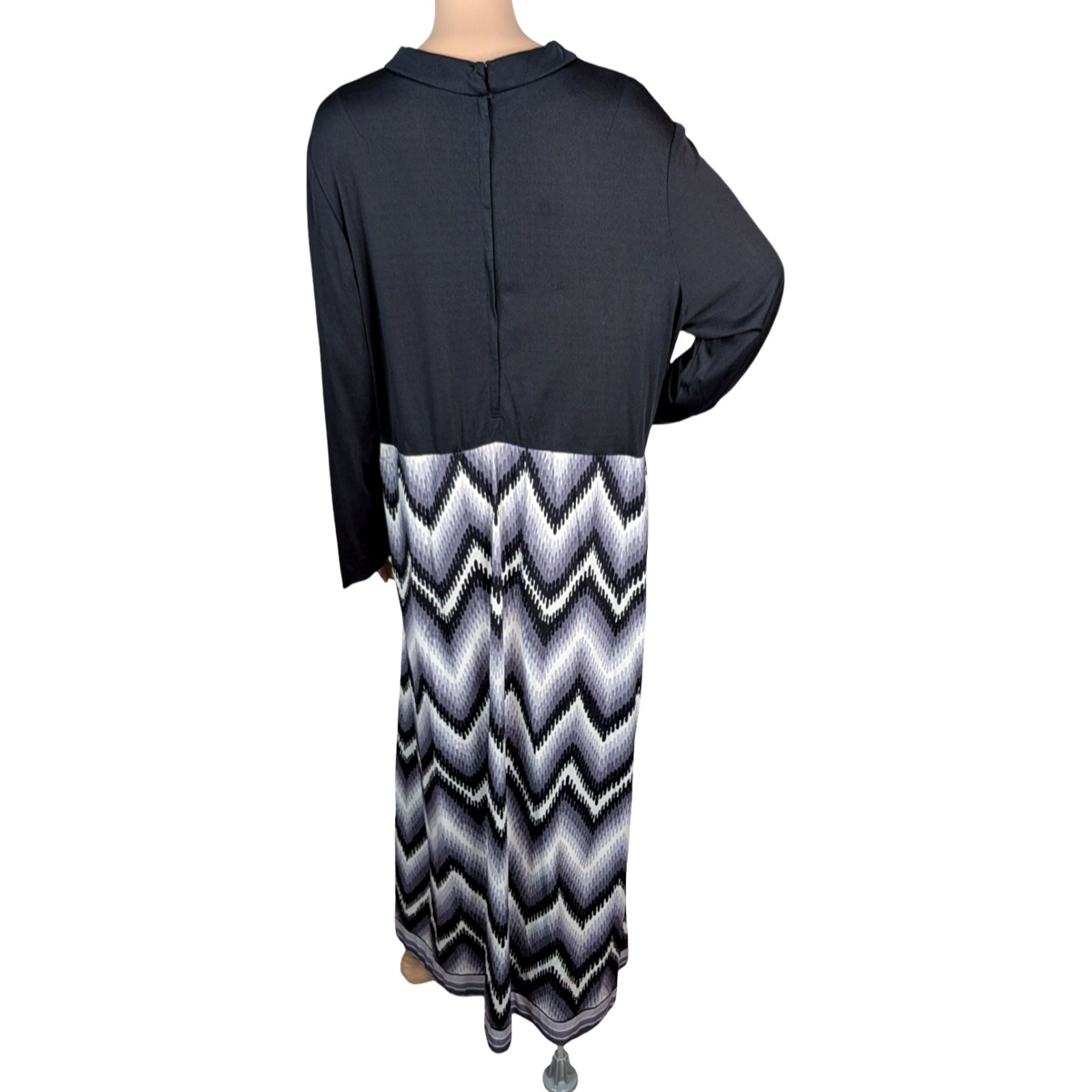 Vtg 70s Emilio Borghese Black Gray Chevron Zig Zag Mod Maxi Dress SZ 1X