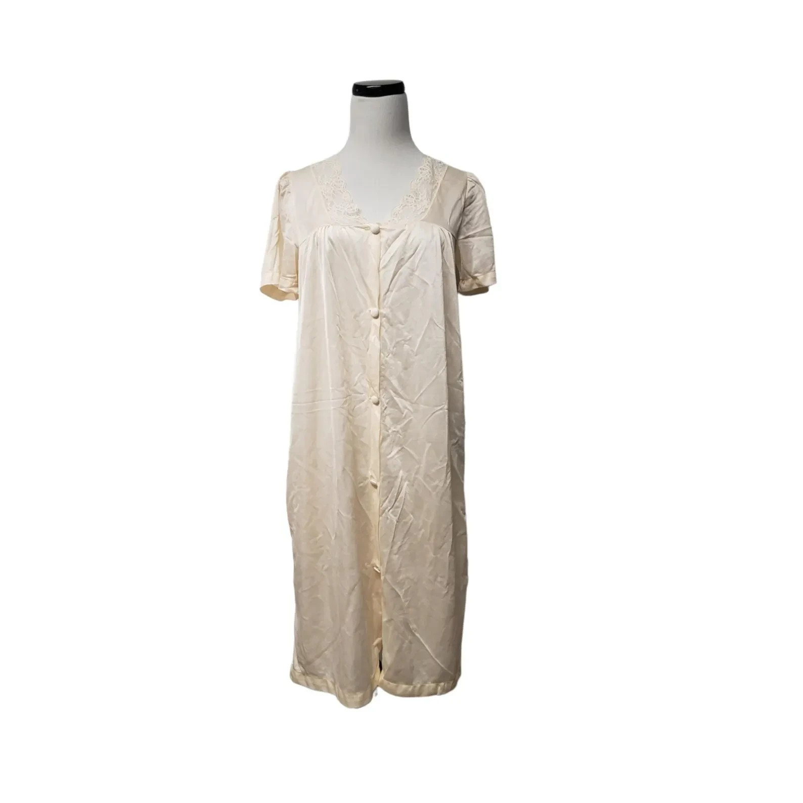 light peach nylon lace trimmed short robe . fits like S to M
