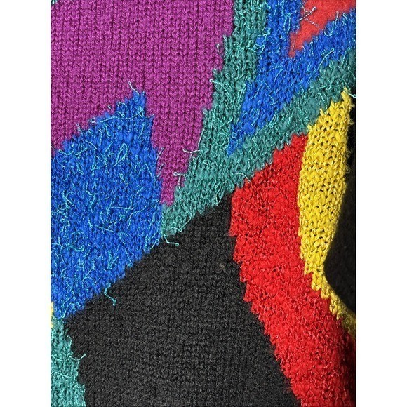 Vintage Abstract Geometric Knit Sweater Multi Color Wool 80s 90s Crew Neck Large