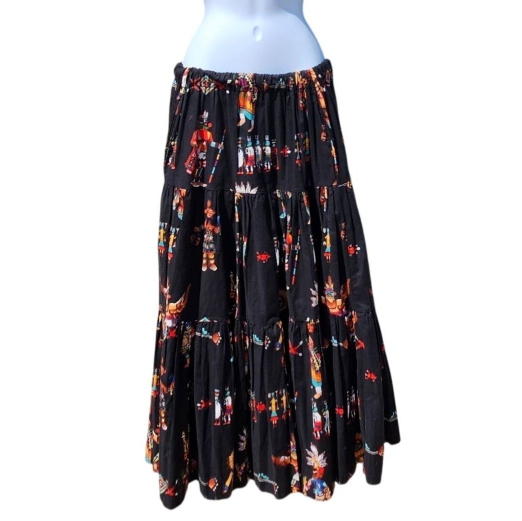 Sedona Stitchery Vintage 90s Kachina Print Tiered Maxi Skirt S M L XL