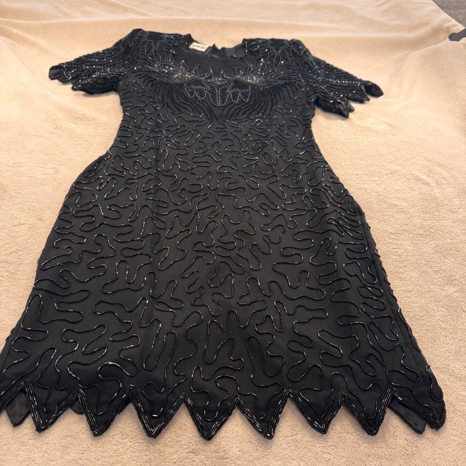 Vintage Gatsby Flapper Beaded Sequin Cocktail Party Dress Art Deco Black SZ M