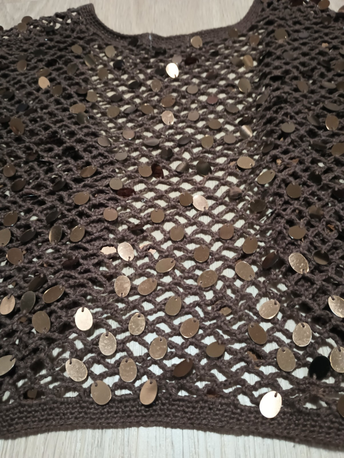 Vtg 90s Open Knit Stretch Brown Sequin Sparkle Open Bolero Cropped Jacket Top S