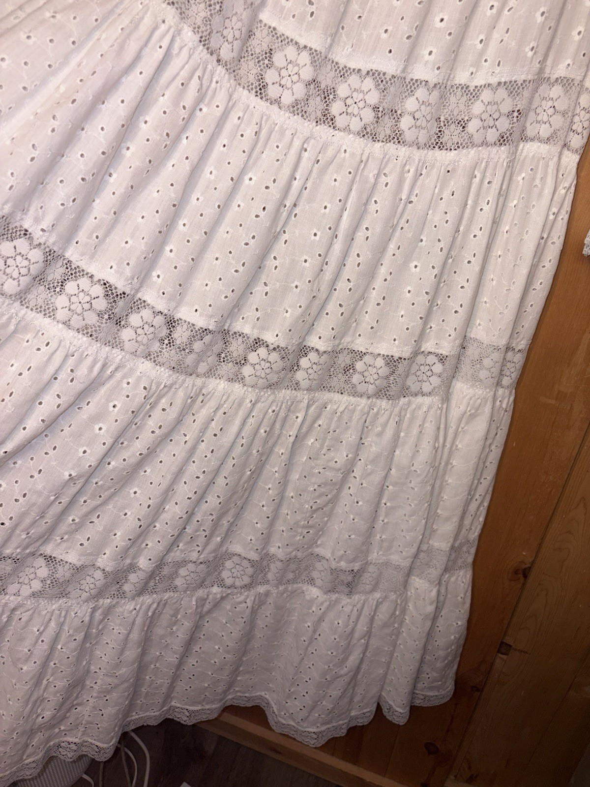 Vtg 70&rsquo;s David Brown CA Prairie Cottagecore Dress Tiered Eyelet L/XL READ Tag S