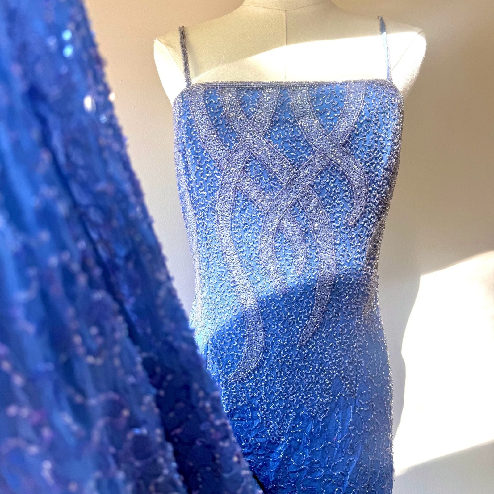 Vintage Blue Fully Beaded 100% Silk Maxi Column Evening Gown
