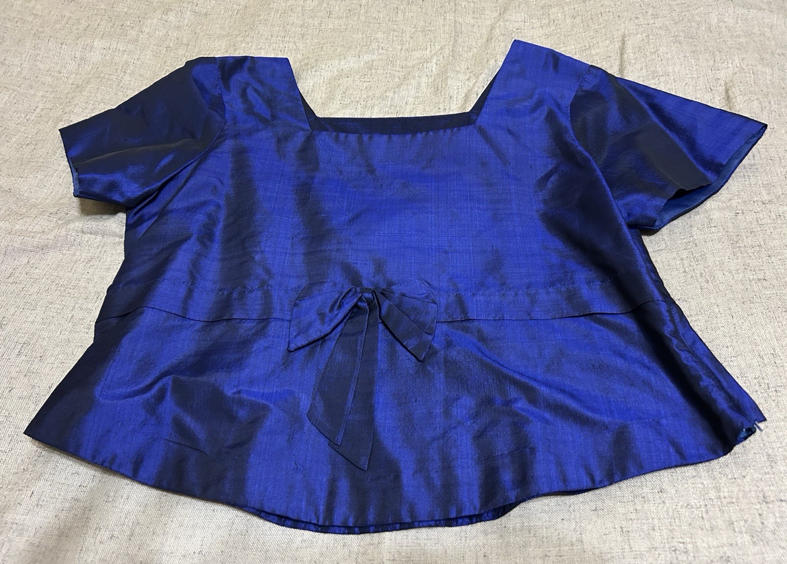 Vintage 60s Handmade Medium Blue Silk Taffeta Blouse Regency Glamour