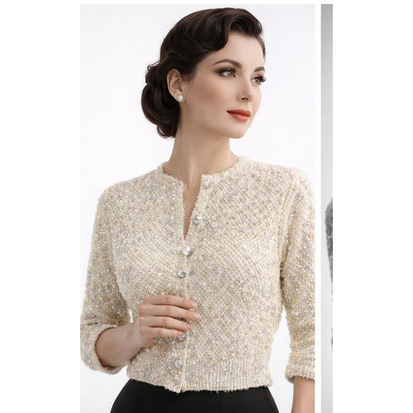 VTG 1950s Laura Aponte Italian Beaded Cardigan Crystal Button Couture Knit