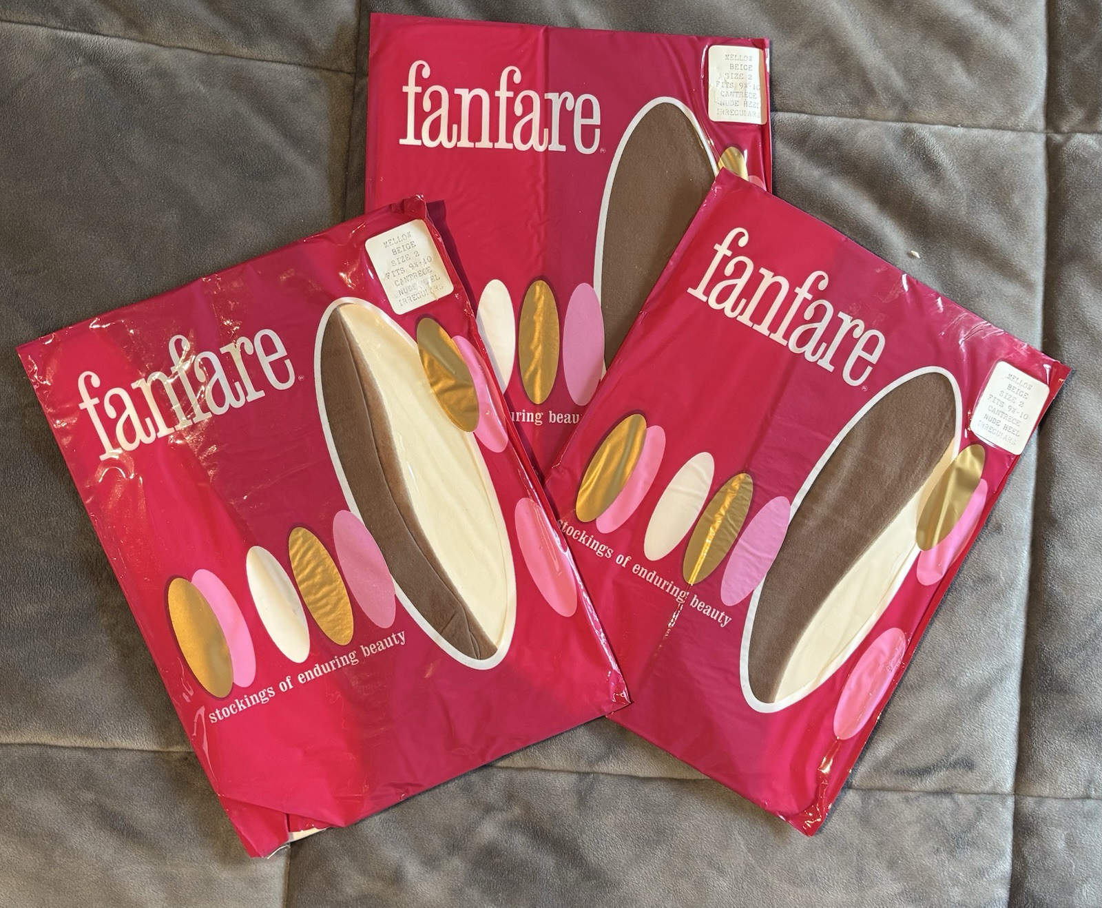 3x VTG Fanfare Cantrece Seamless Stockings 100% Nylon Fits 9 1/2-10 Sz 2 Beige