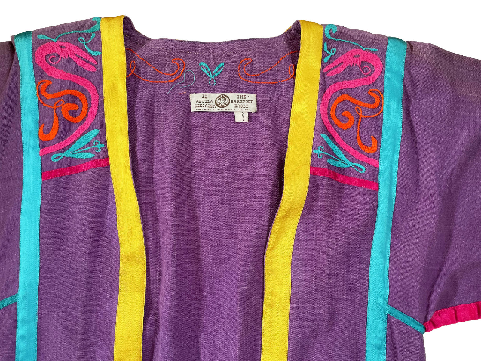JOSEFA Caftan Duster Robe Purple Embroidered Cotton Mexican Vintage Size S