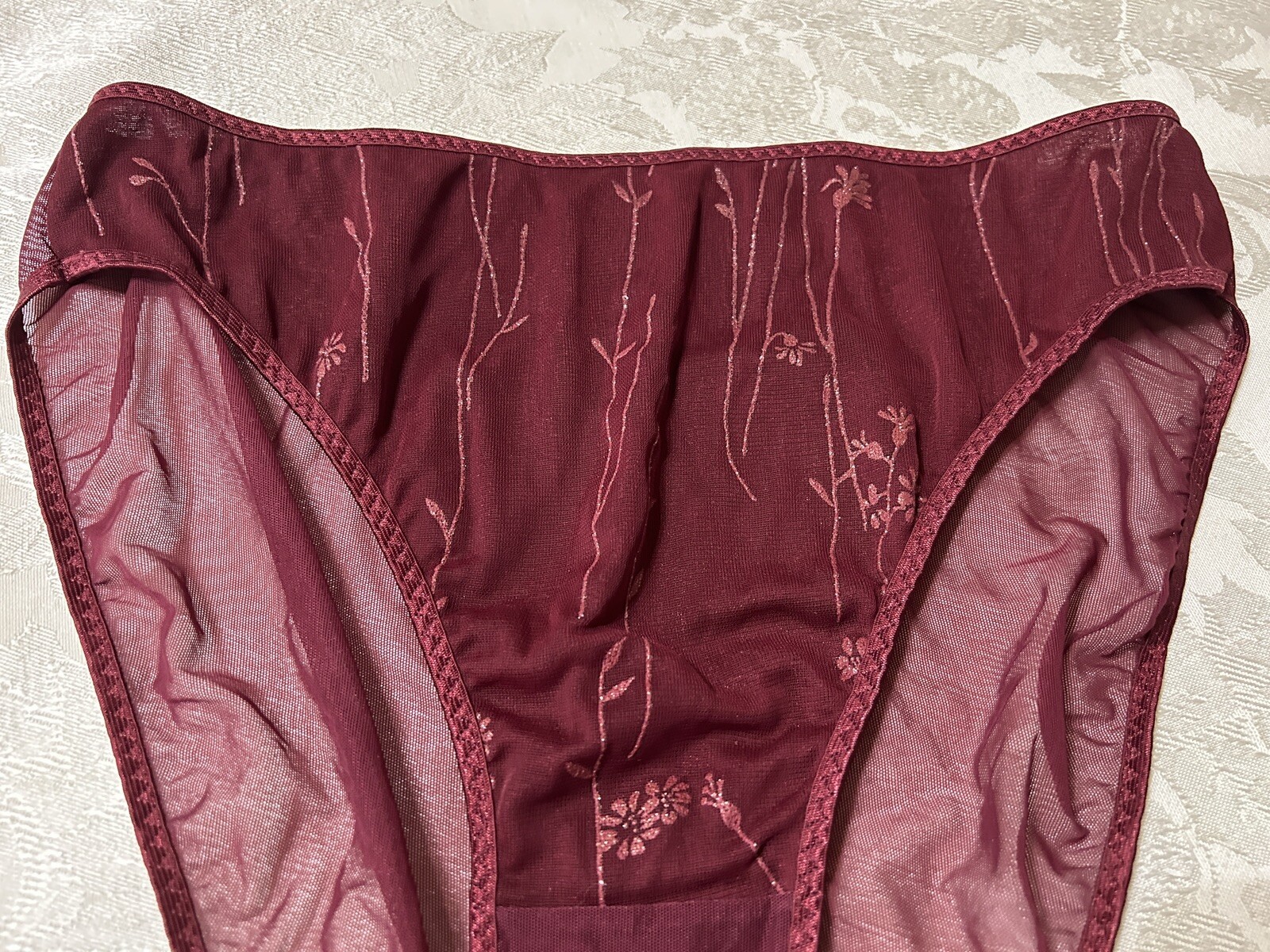 Vtg Unbranded Embellished Satin Lined Front Sheer Mesh Back Hi-Leg 9 Panties