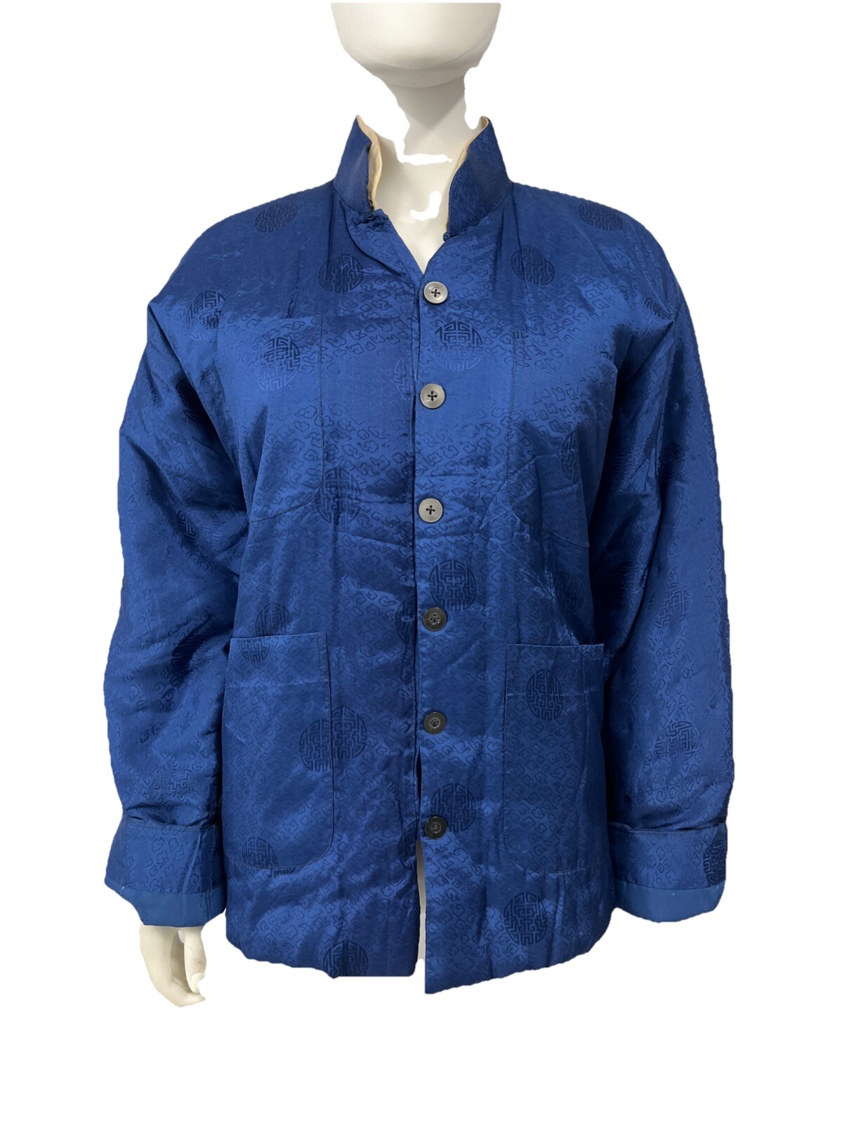 Vintage Plum Blossoms Oriental Jacket Women&rsquo;s Large Blue Mandarin Chinese Boho
