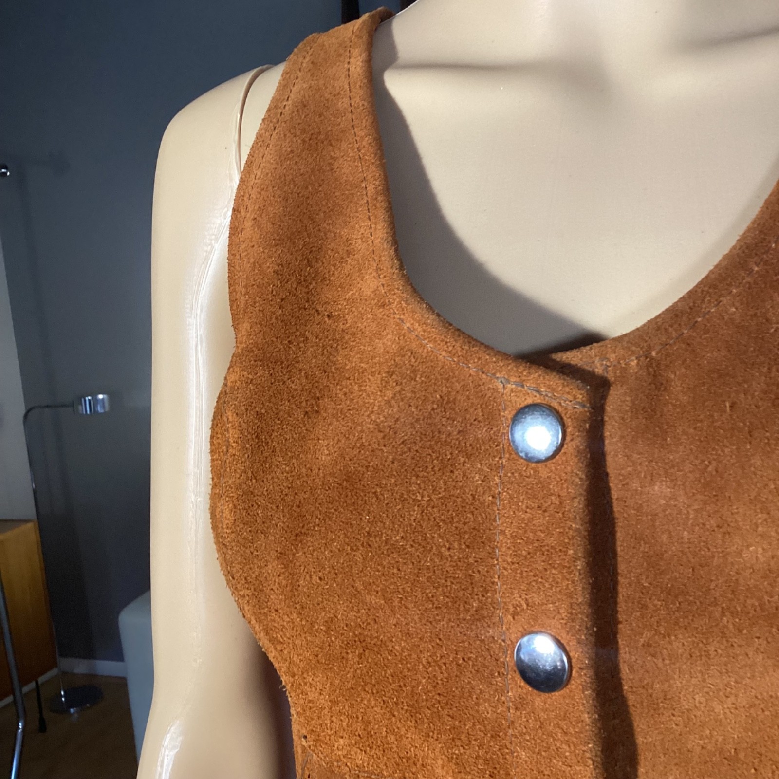 Vintage 1970&rsquo;s Brown Suede Leather Mini Dress Hippie Woodstock XS/S