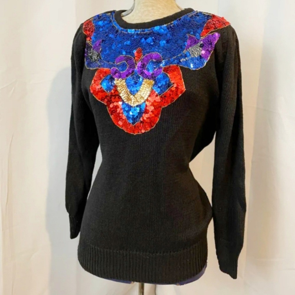 Statements by pronto vintage black redblue long sleeve sequin sweater size small