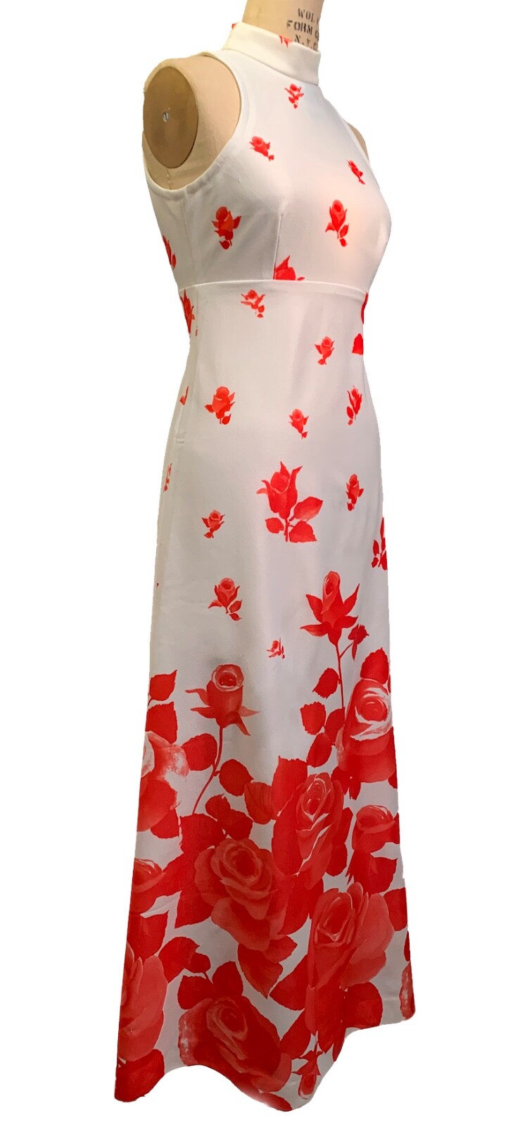 Vintage Pop Art White Polyester Gown with Red Roses – 2-Piece Ensemble – Sz S