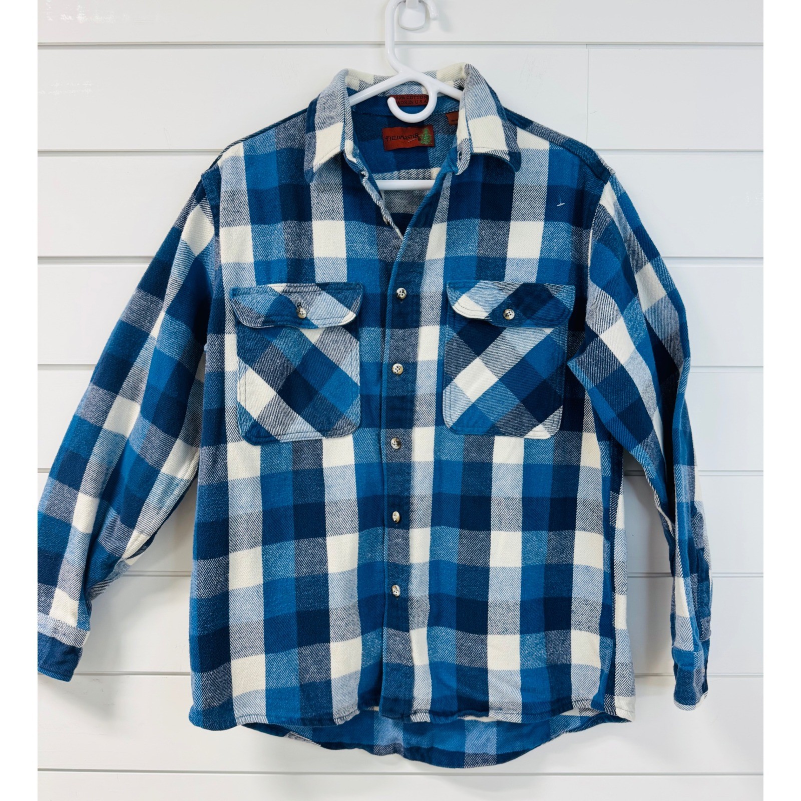 Fieldmaster Vintage Blue Buffalo Plaid Flannel Shirt Made in USA Cotton Large