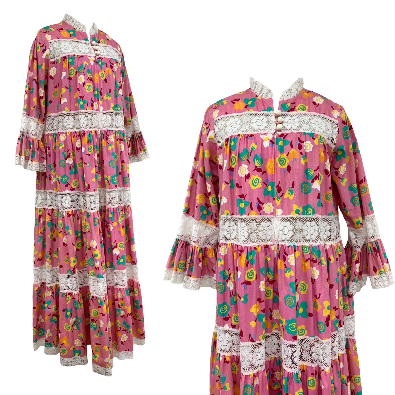 Vtg Vintage 1970s 70s David Brown Pink Floral Lace Oversized Boho Maxi Dress