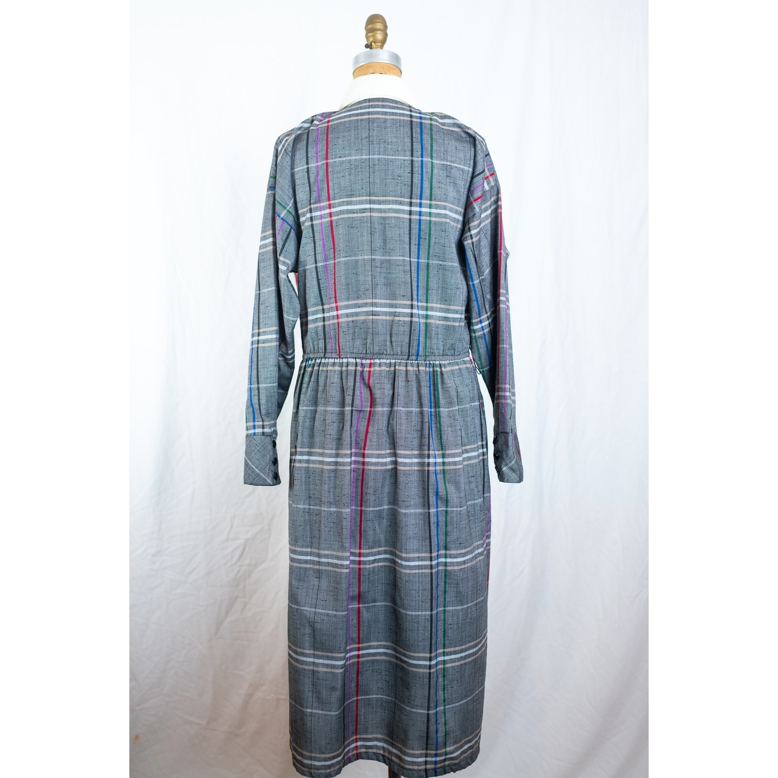 Vintage 90s Gray Plaid Midi Shirt Dress, Collared Long Sleeved, Academia, MED/LG