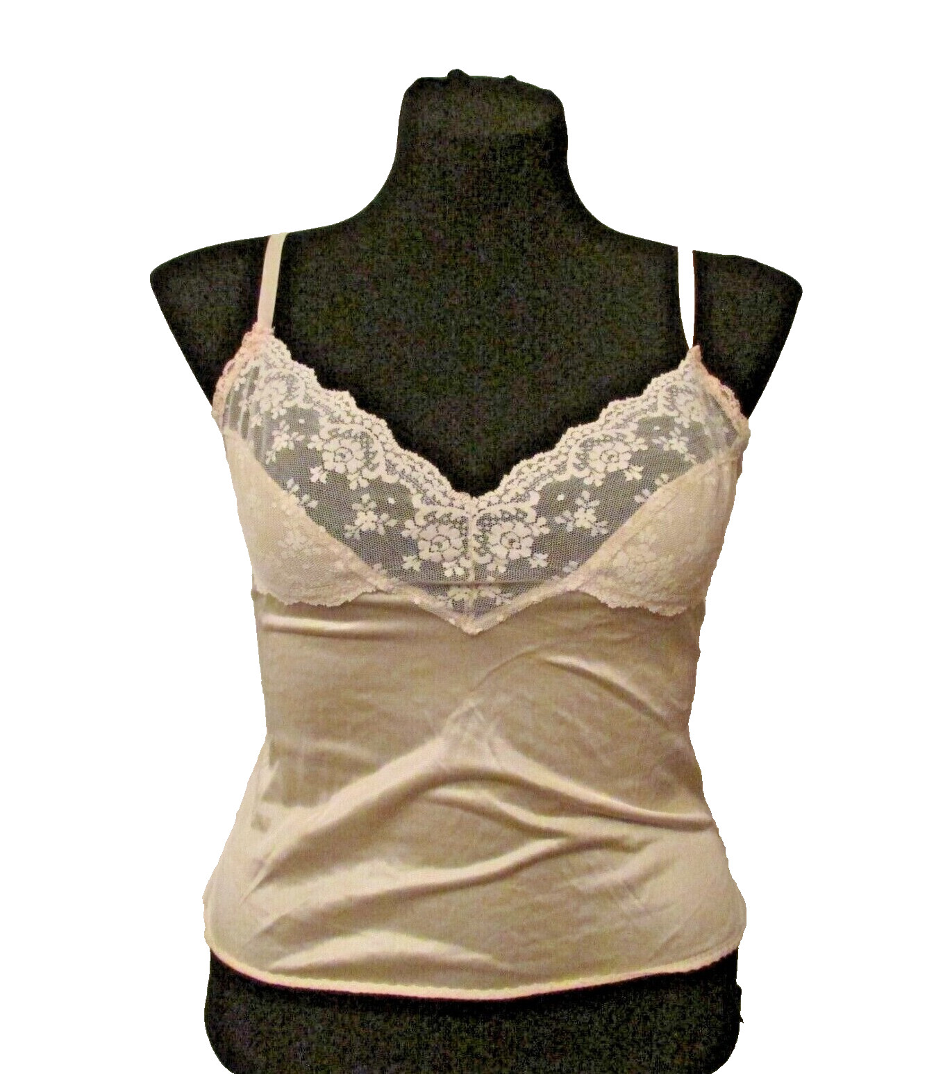 L&rsquo;eggs 8510 Beige Semi-Sheer Silky Nylon Lace Camisole Cami Slip Top 38 USA made